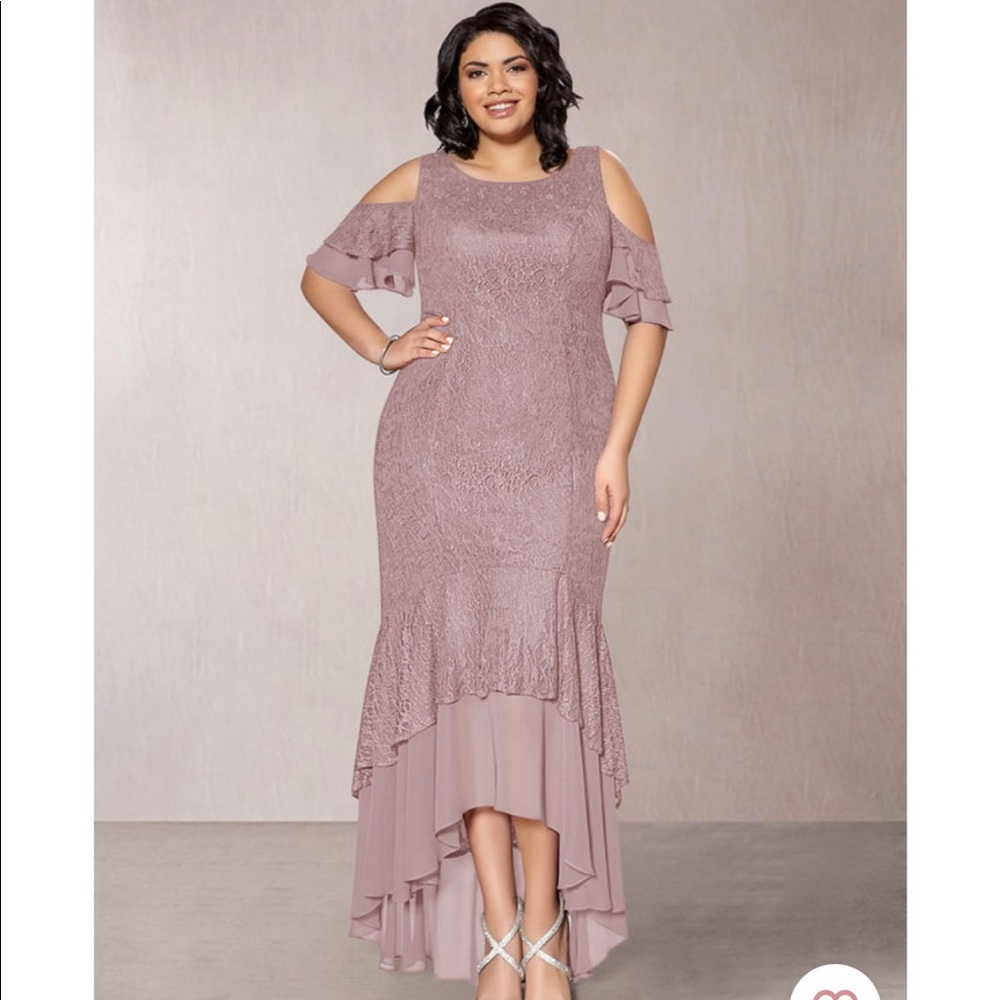 Azazie Mauve Lace Cold Shoulder Dress